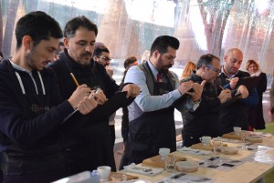 premiazione della Super Tappa di selezione per il Campionato Italiano Baristi (da sinistra a destra): Christian Orsini, Cristian Gabrielli (1° classificato), Alberto Cocci di DM Italia, Andrea Faggiana (2° classificato)